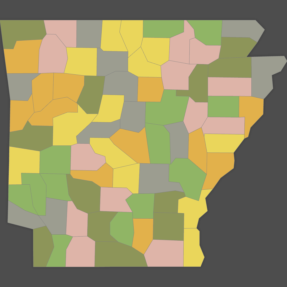 Colored Map of Arkansas Counties (Dark Theme)