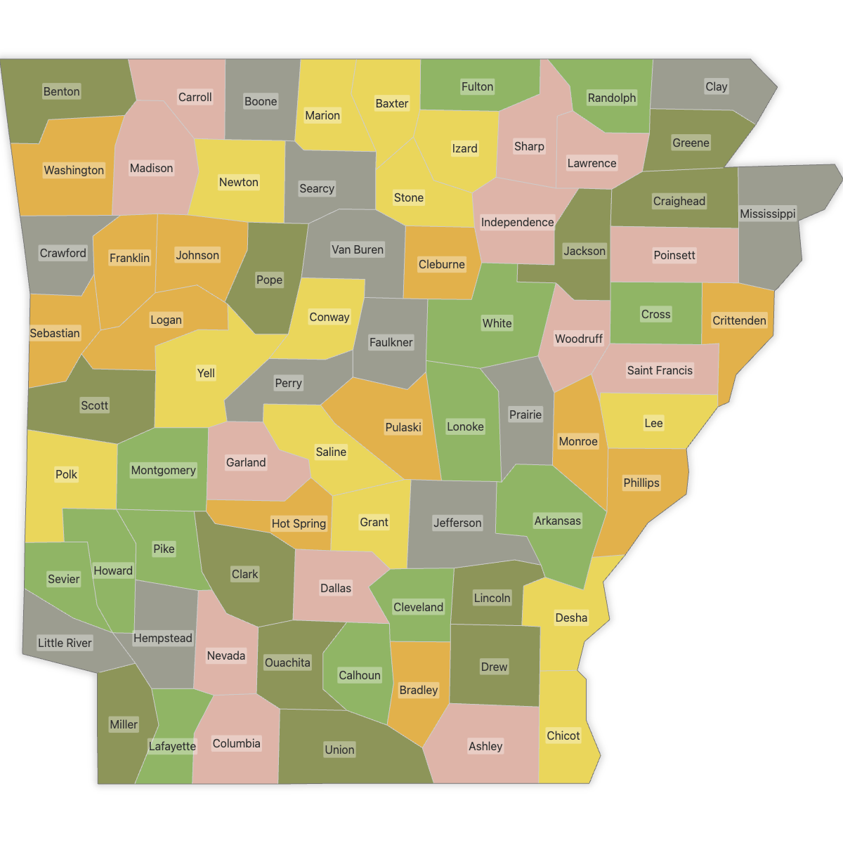 Colored Map of Arkansas Counties with Labels