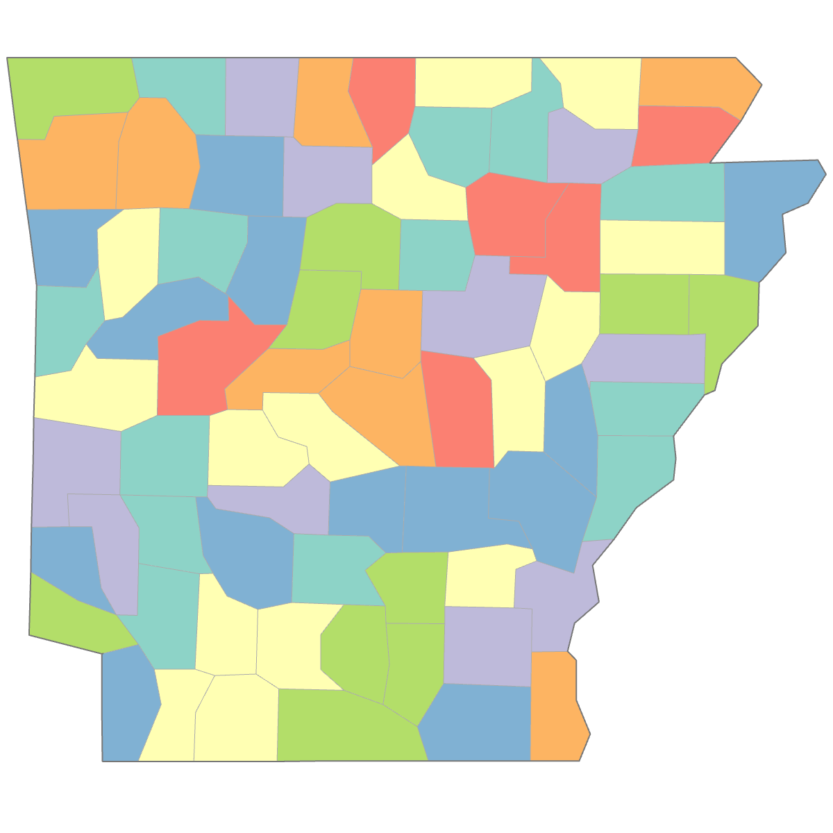 Colored Map of Arkansas Counties