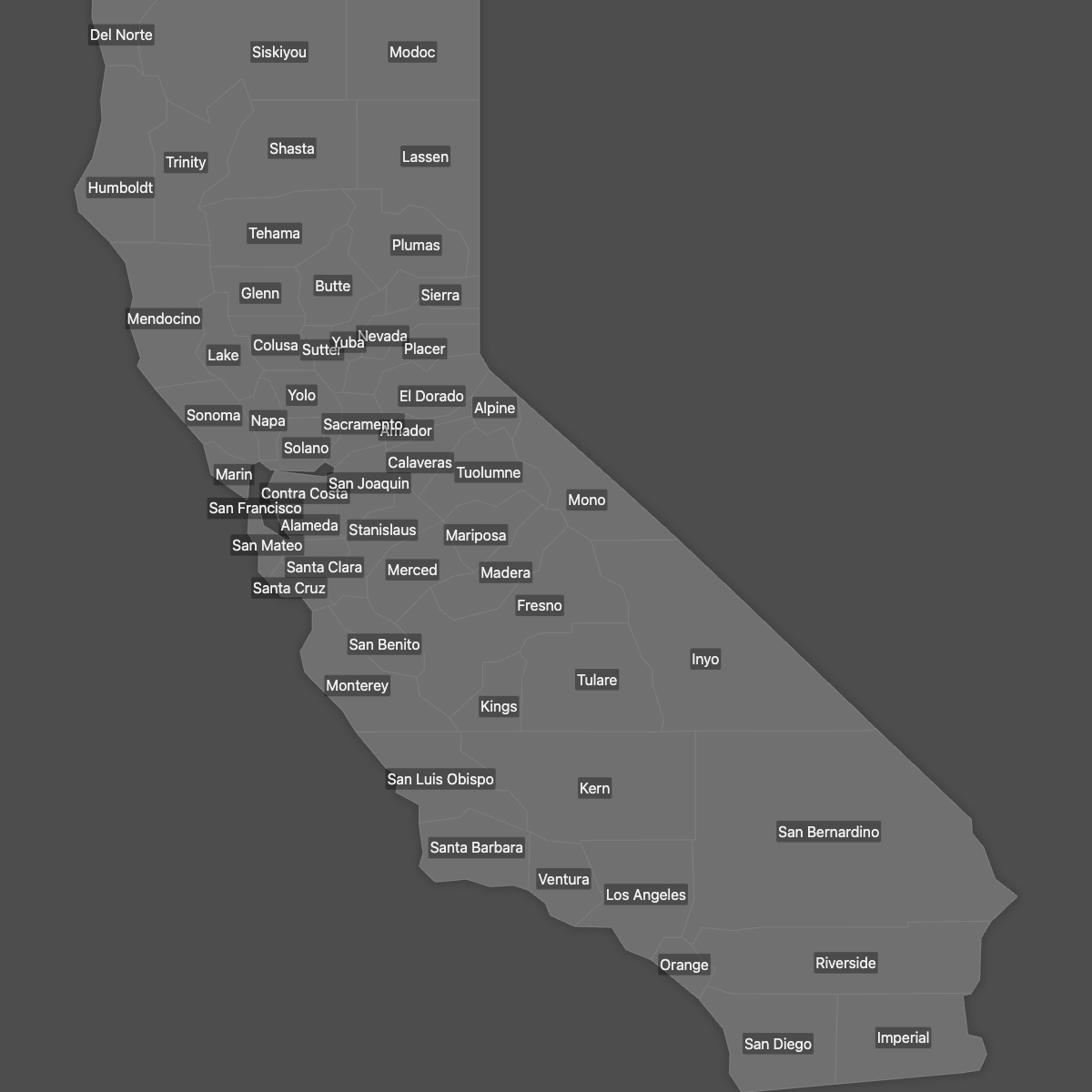 Blank Map of California Counties with Labels (Dark Theme)