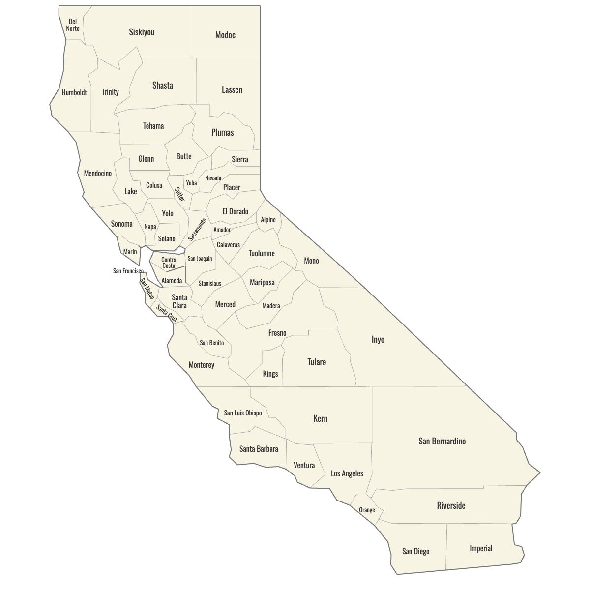 Blank Map of California Counties with Labels