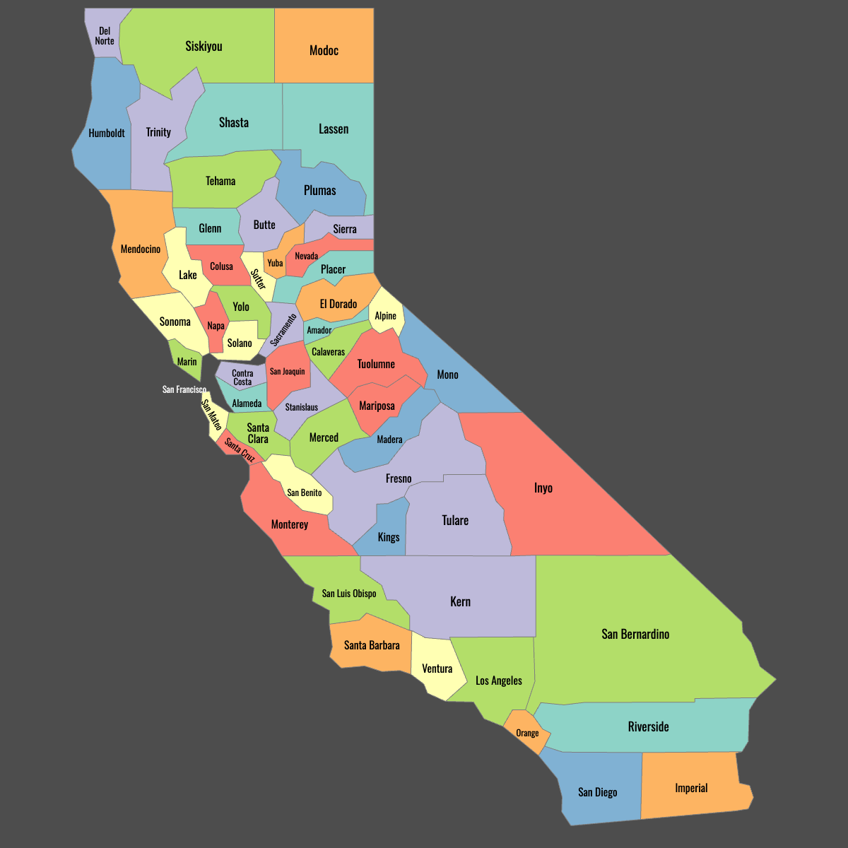 Colored Map of California Counties with Labels (Dark Theme)