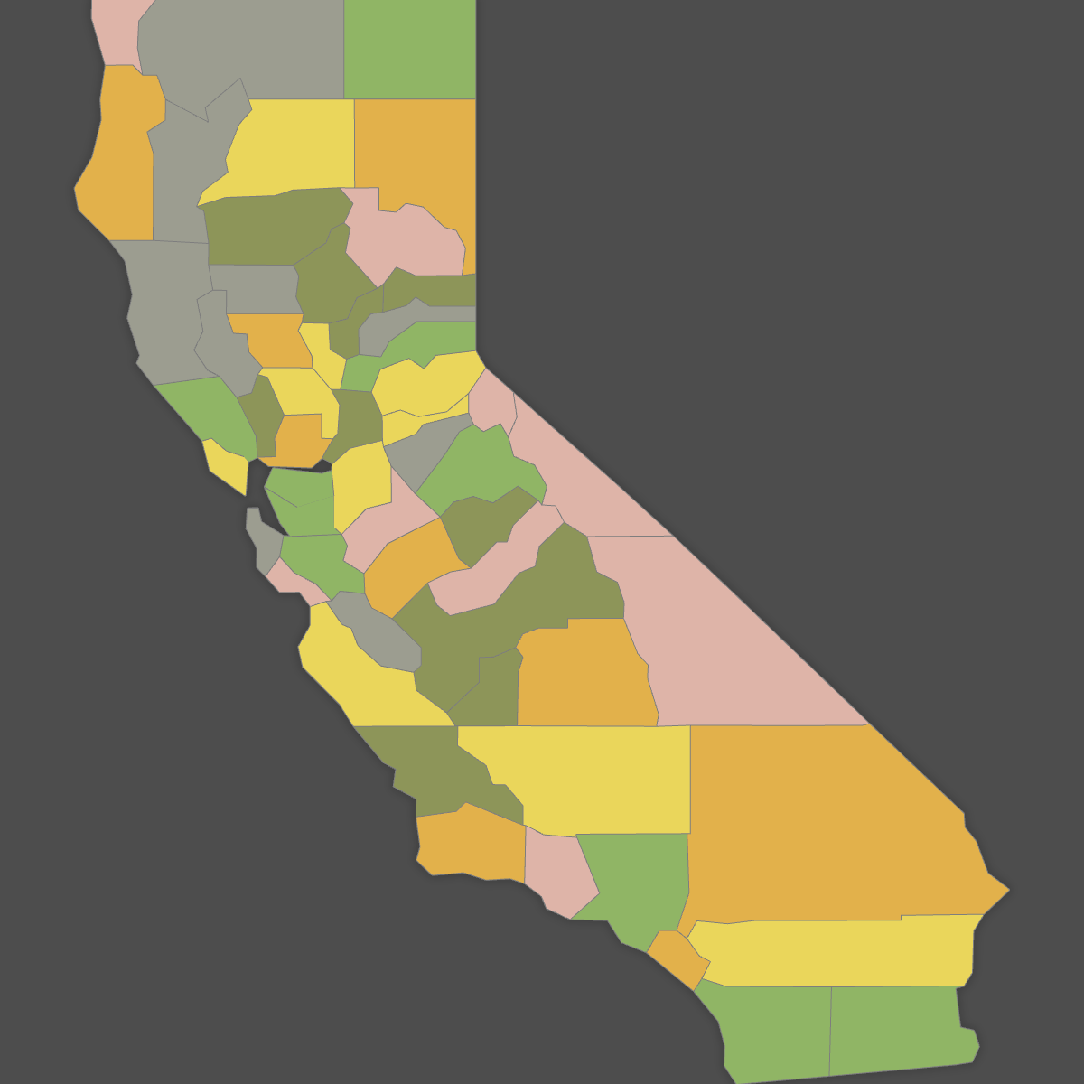 Colored Map of California Counties (Dark Theme)