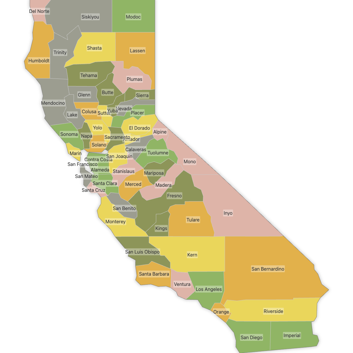 Colored Map of California Counties with Labels