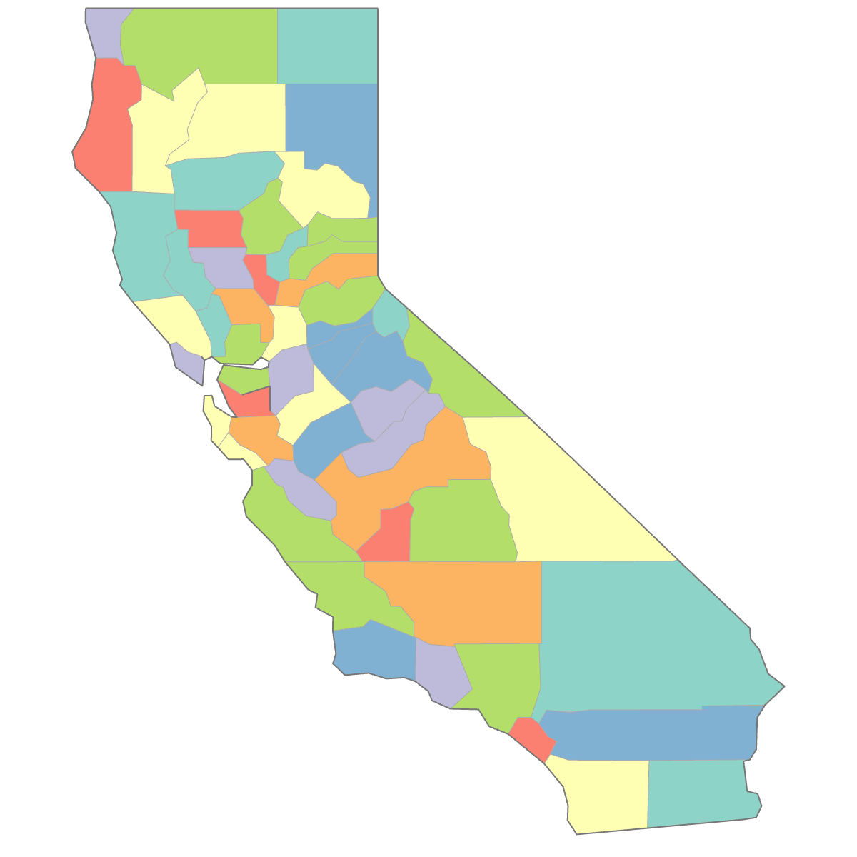 Colored Map of California Counties