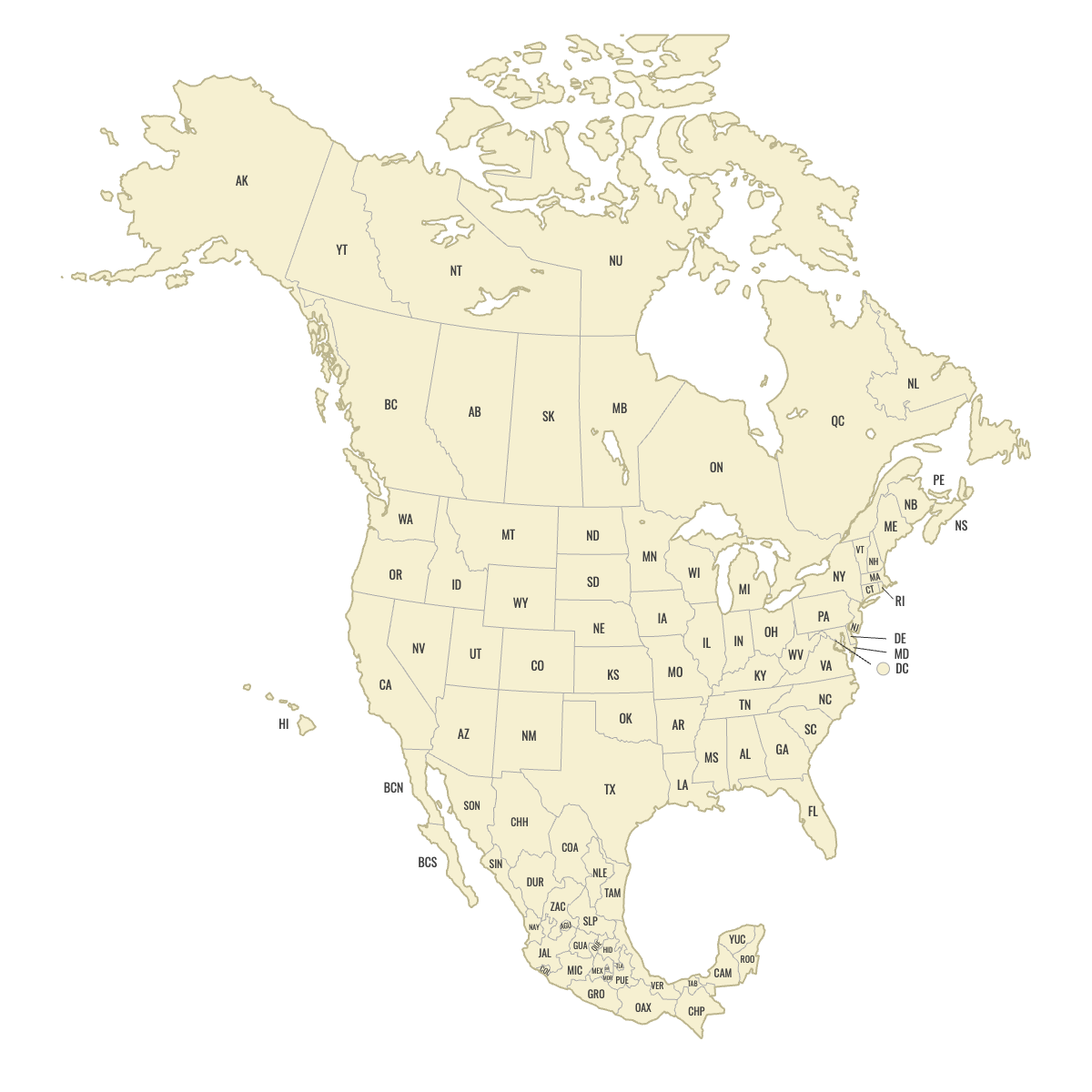 Blank Map of Canada, USA and Mexico with Labels