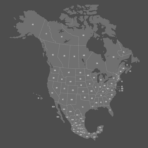 Preview of Blank Printable Map of Canada, USA and Mexico (Dark Theme)