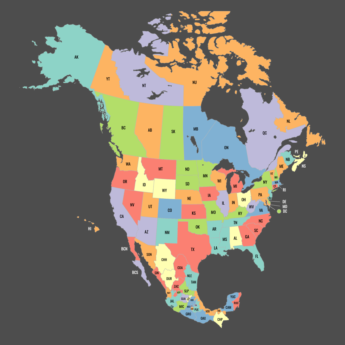 Colored Map of Canada, USA and Mexico with Labels (Dark Theme)