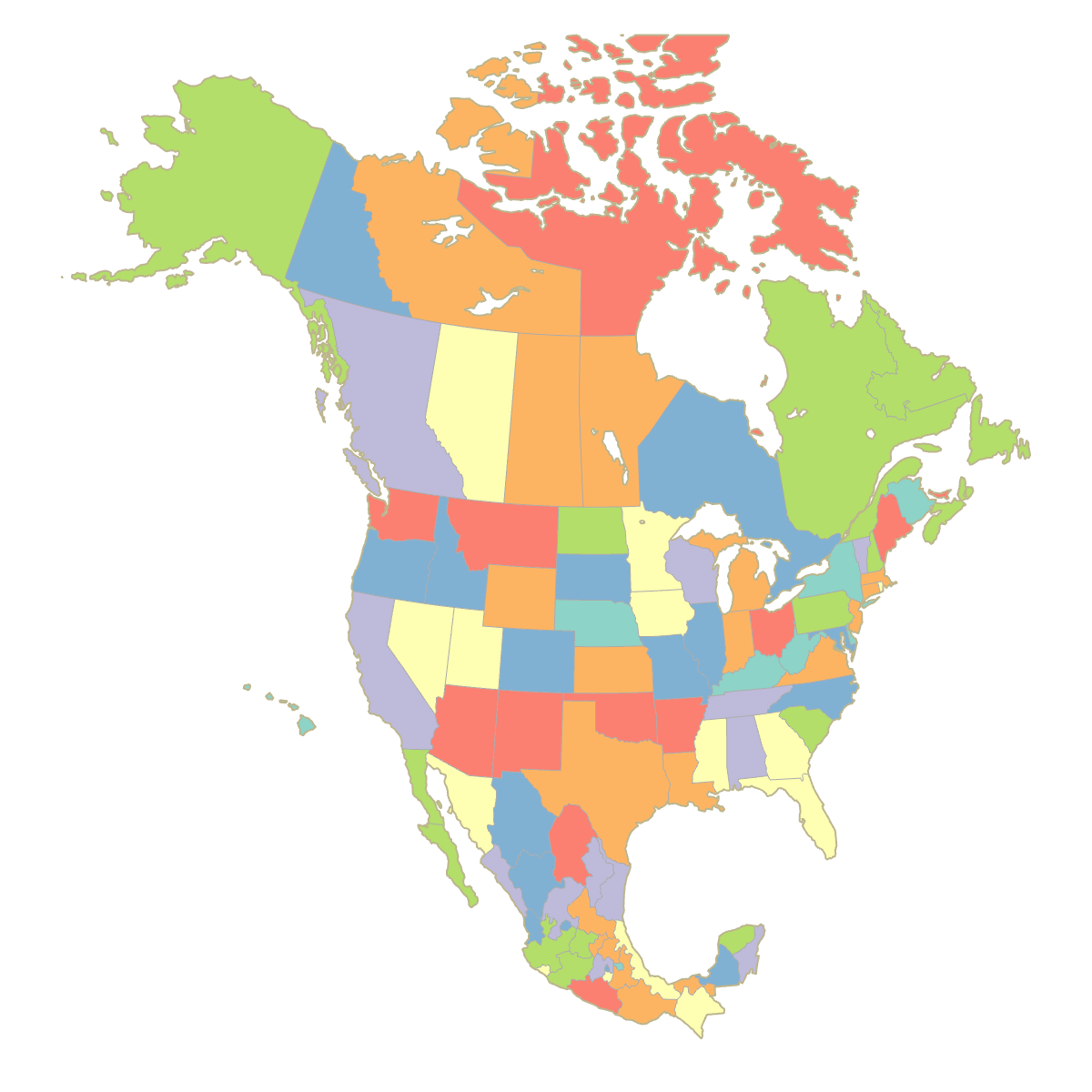 Colored Map of Canada, USA and Mexico