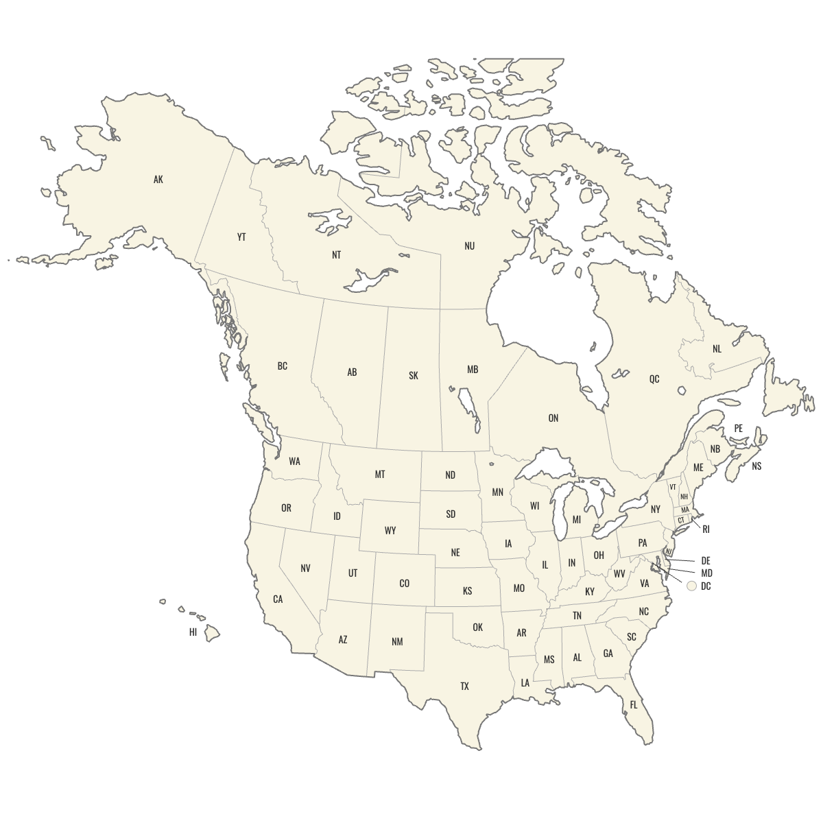 Blank United States and Canada Map with Labels