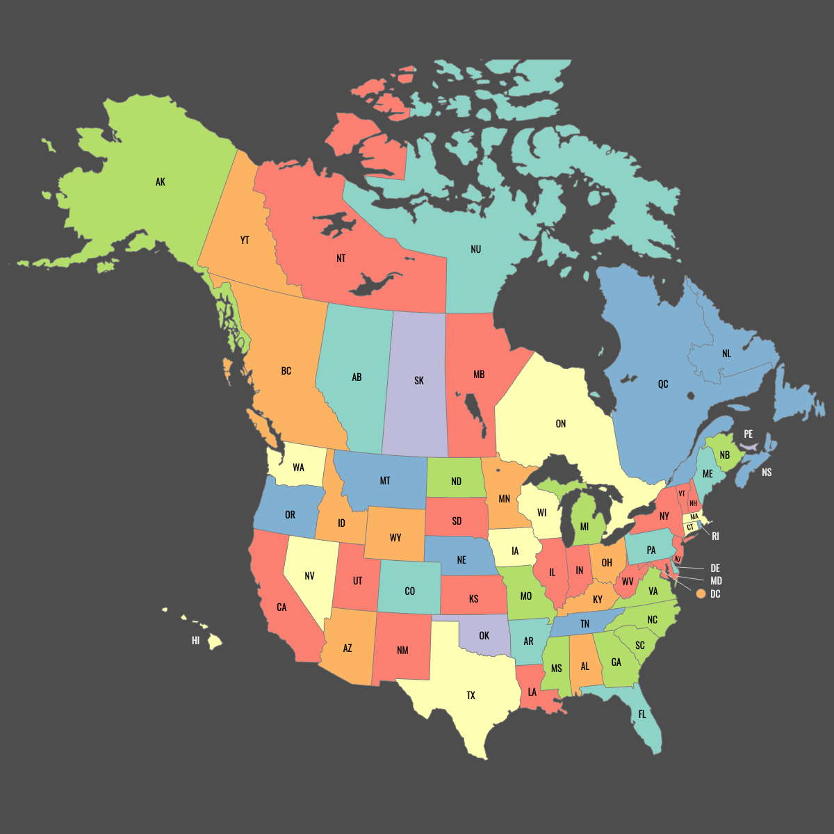 Colored United States and Canada Map with Labels (Dark Theme)