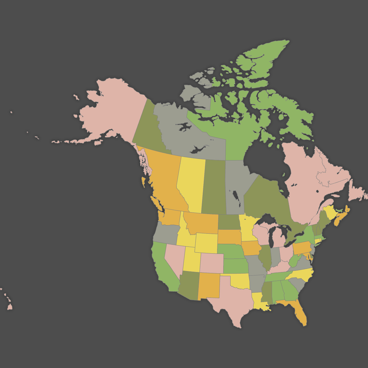 Colored Map of the United States and Canada (Dark Theme)