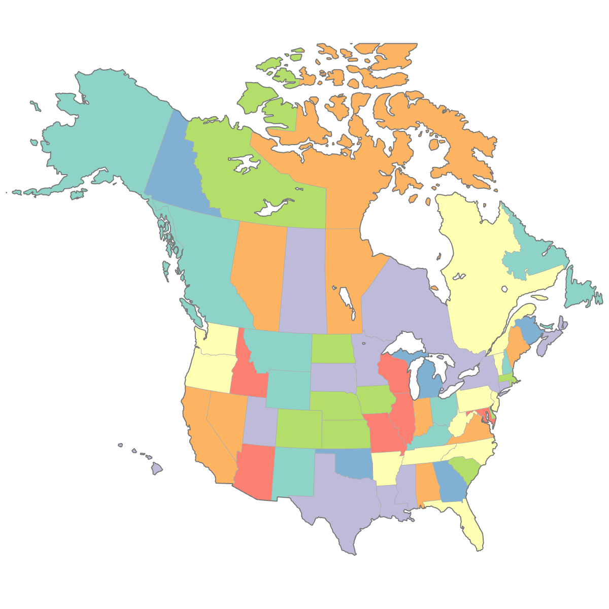 Colored United States and Canada Map