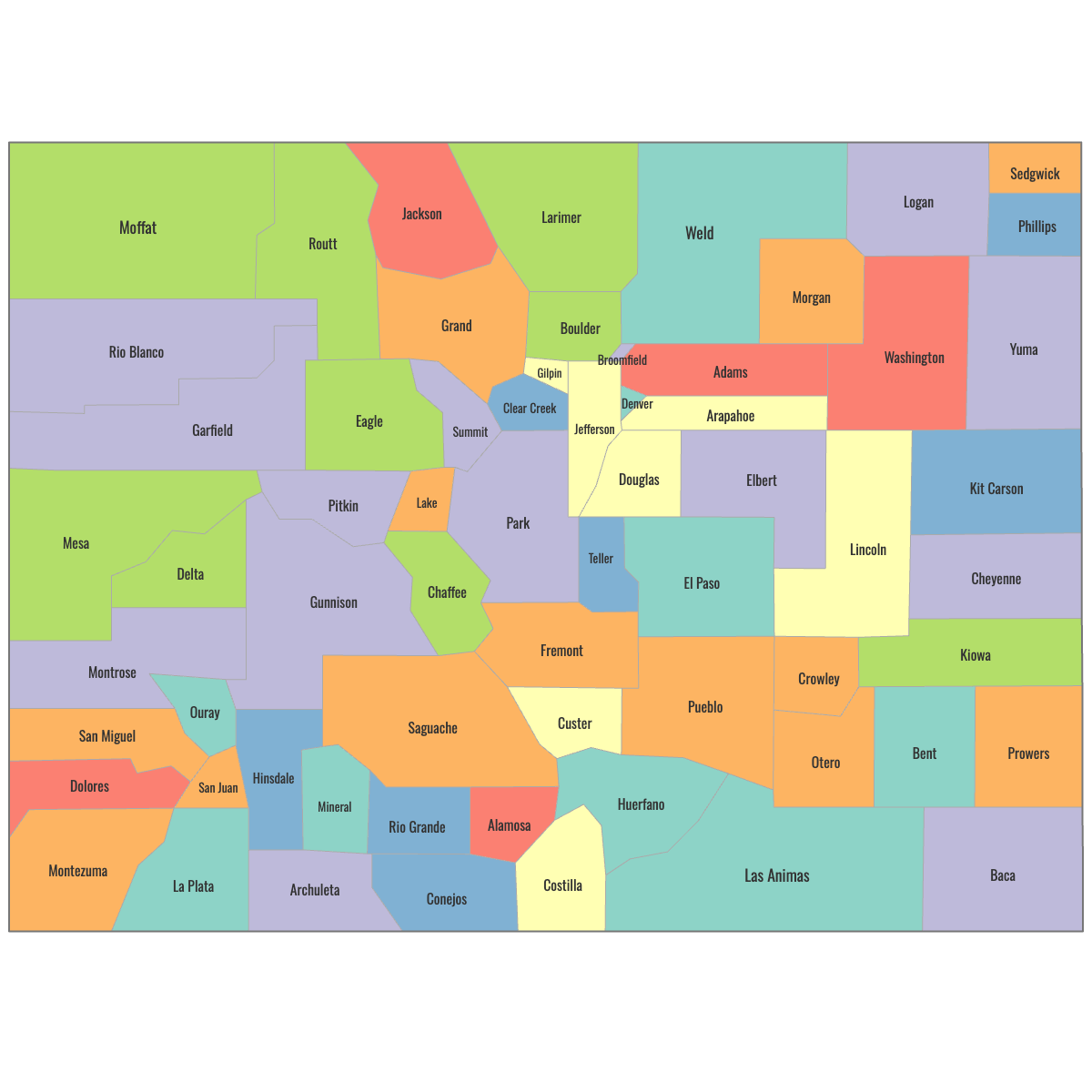 Colored Map of Colorado Counties with Labels