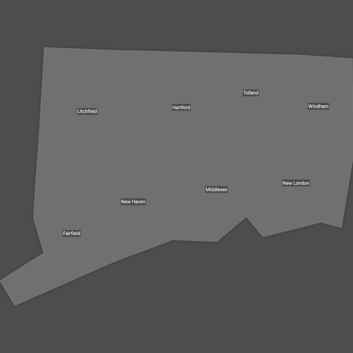 Blank Map of Connecticut Counties with Labels (Dark Theme)