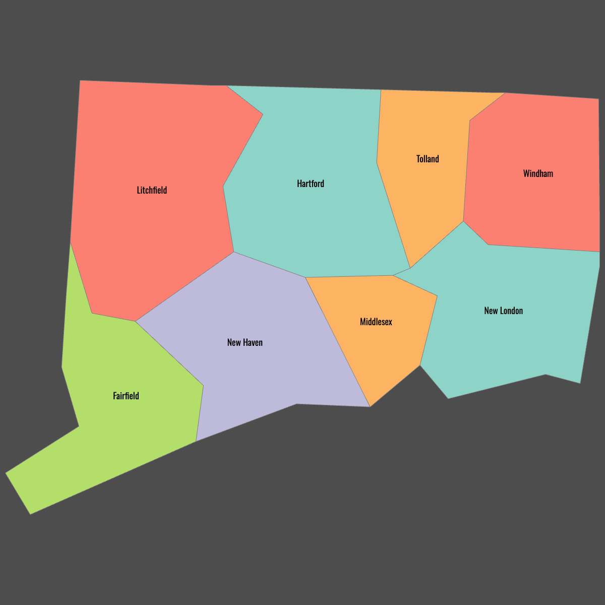 Colored Map of Connecticut Counties with Labels (Dark Theme)