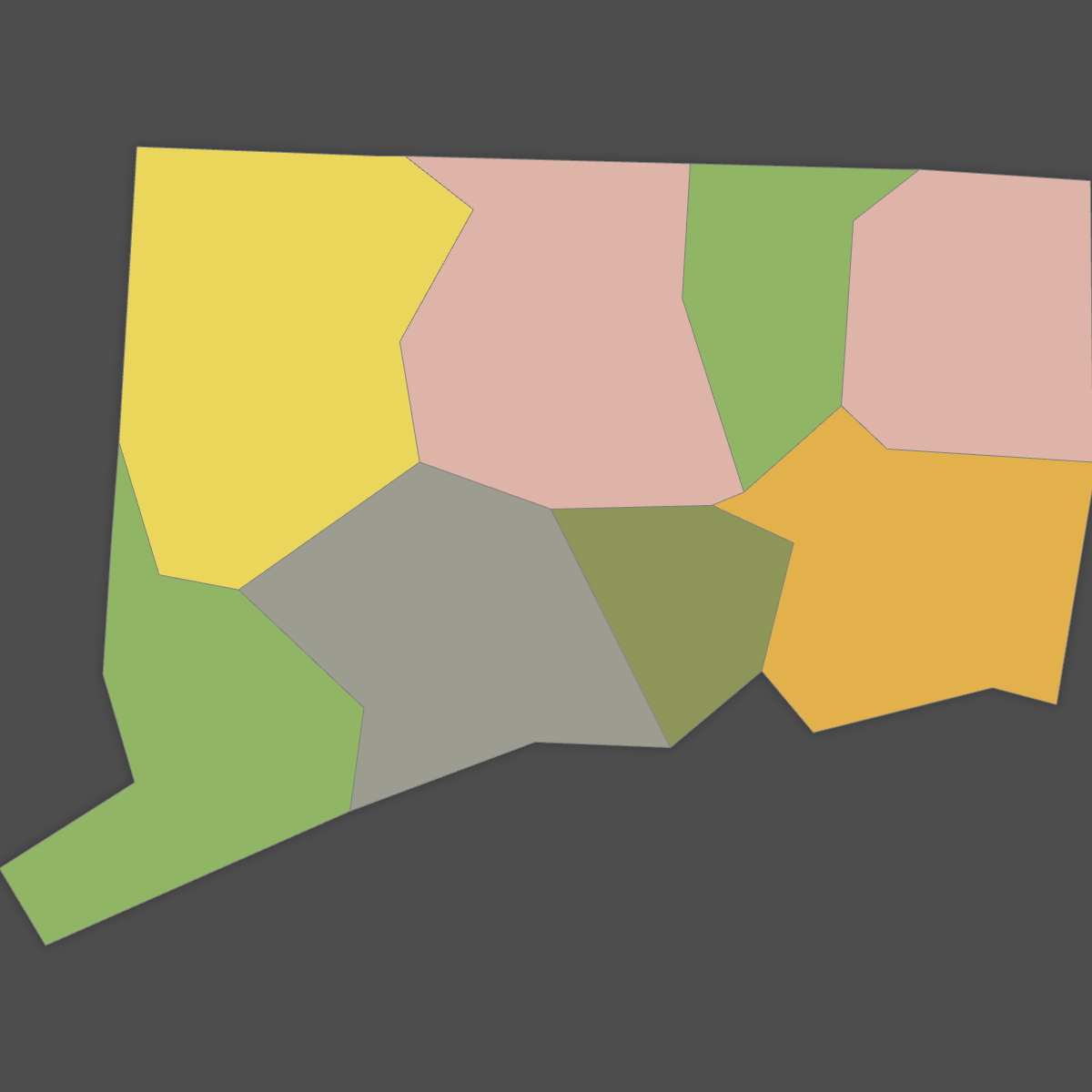 Colored Map of Connecticut Counties (Dark Theme)