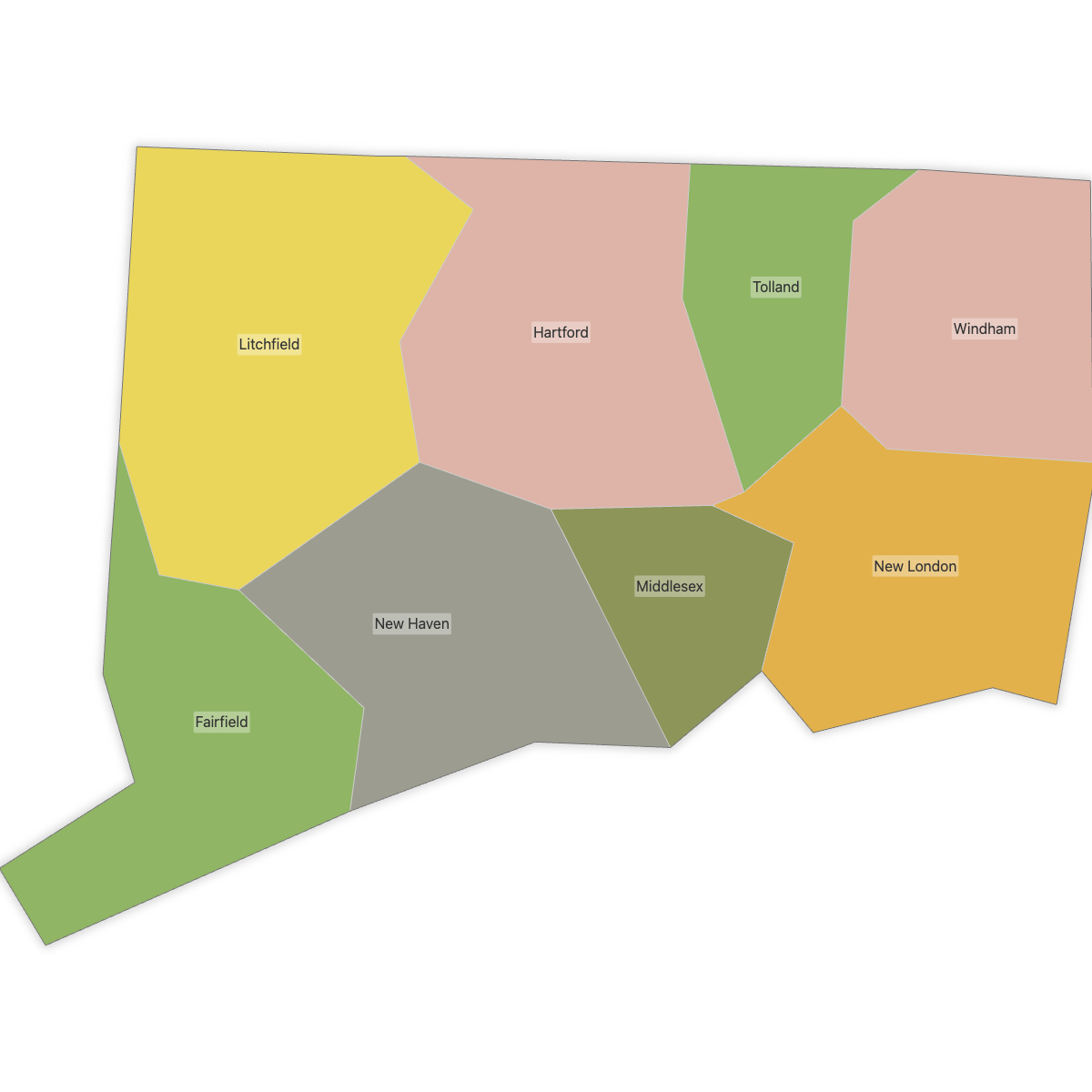 Colored Map of Connecticut Counties with Labels