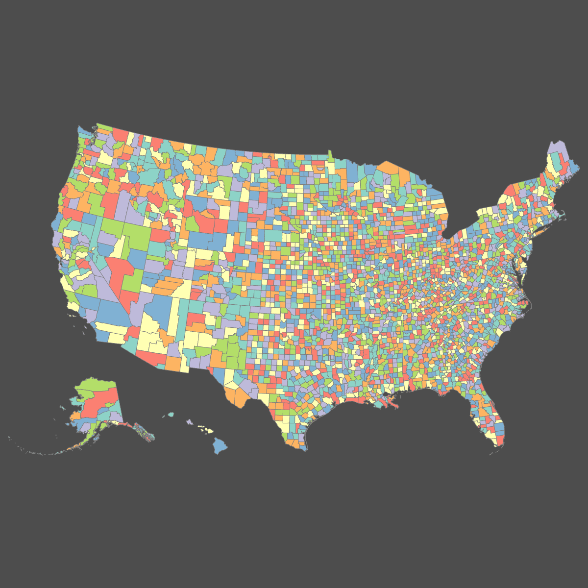 Colored Map of the United States Counties with Labels (Dark Theme)