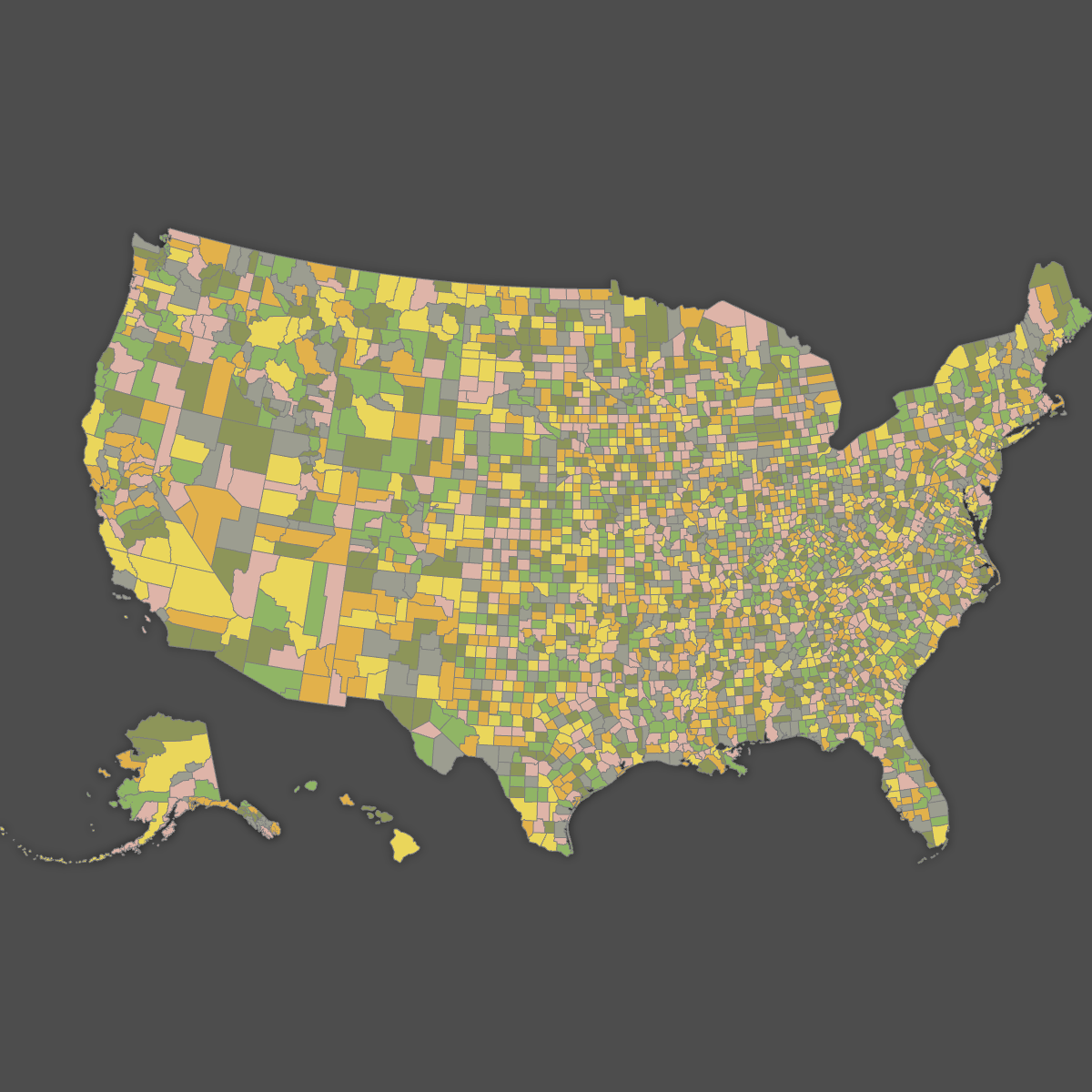 Colored Map of the United States Counties (Dark Theme)