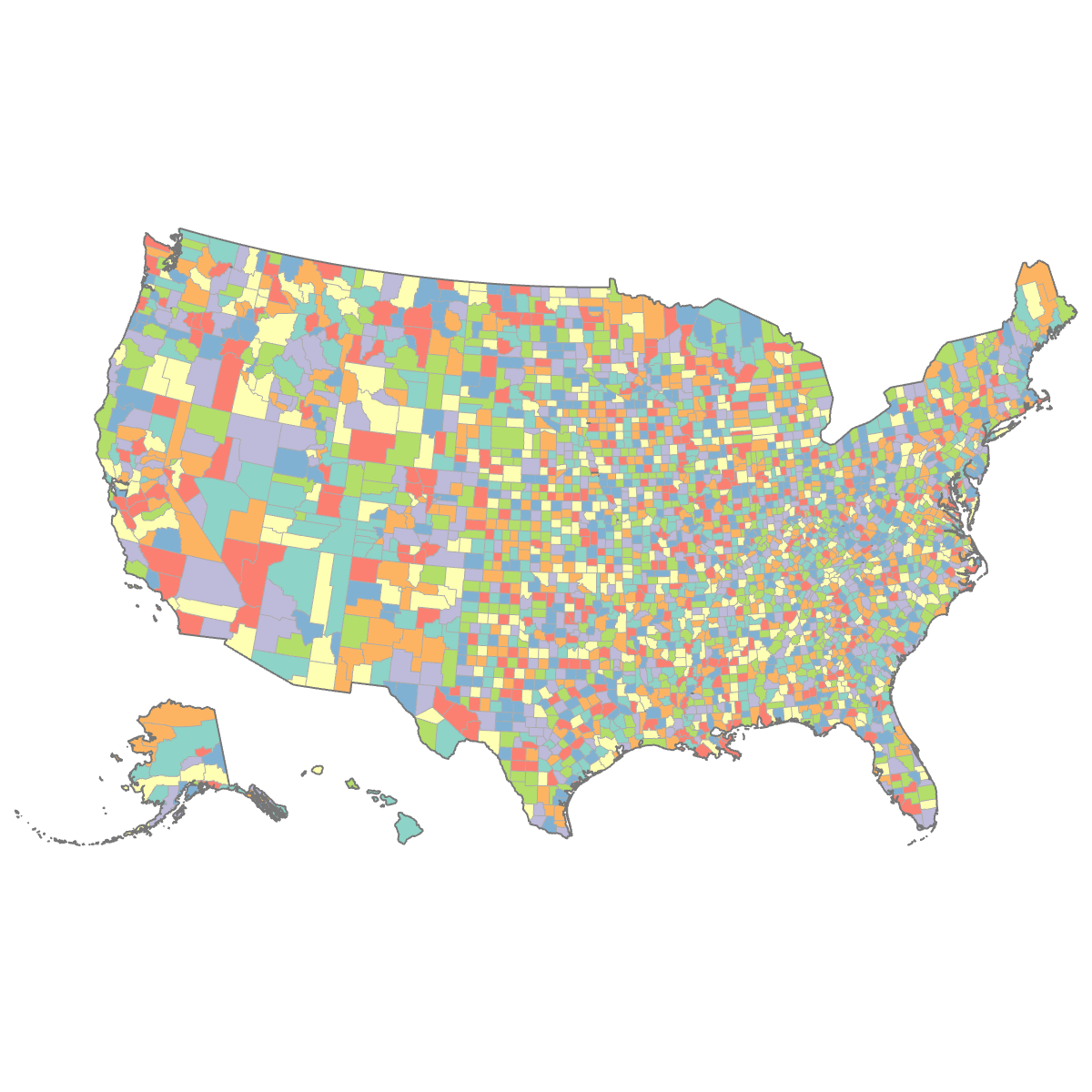 Colored Map of the United States Counties