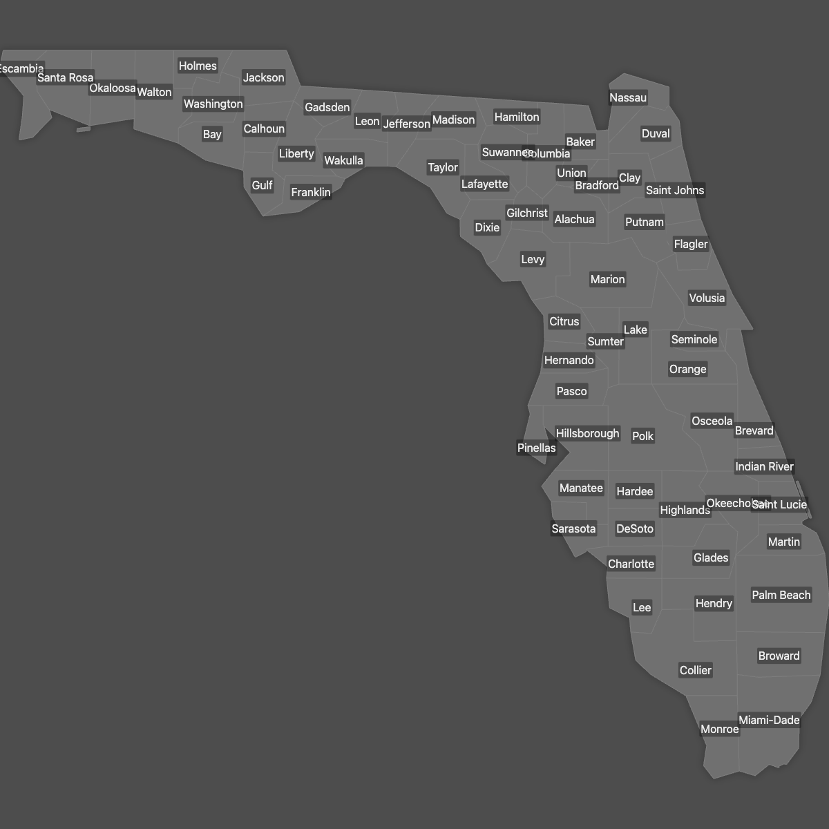 Blank Map of Florida Counties with Labels (Dark Theme)