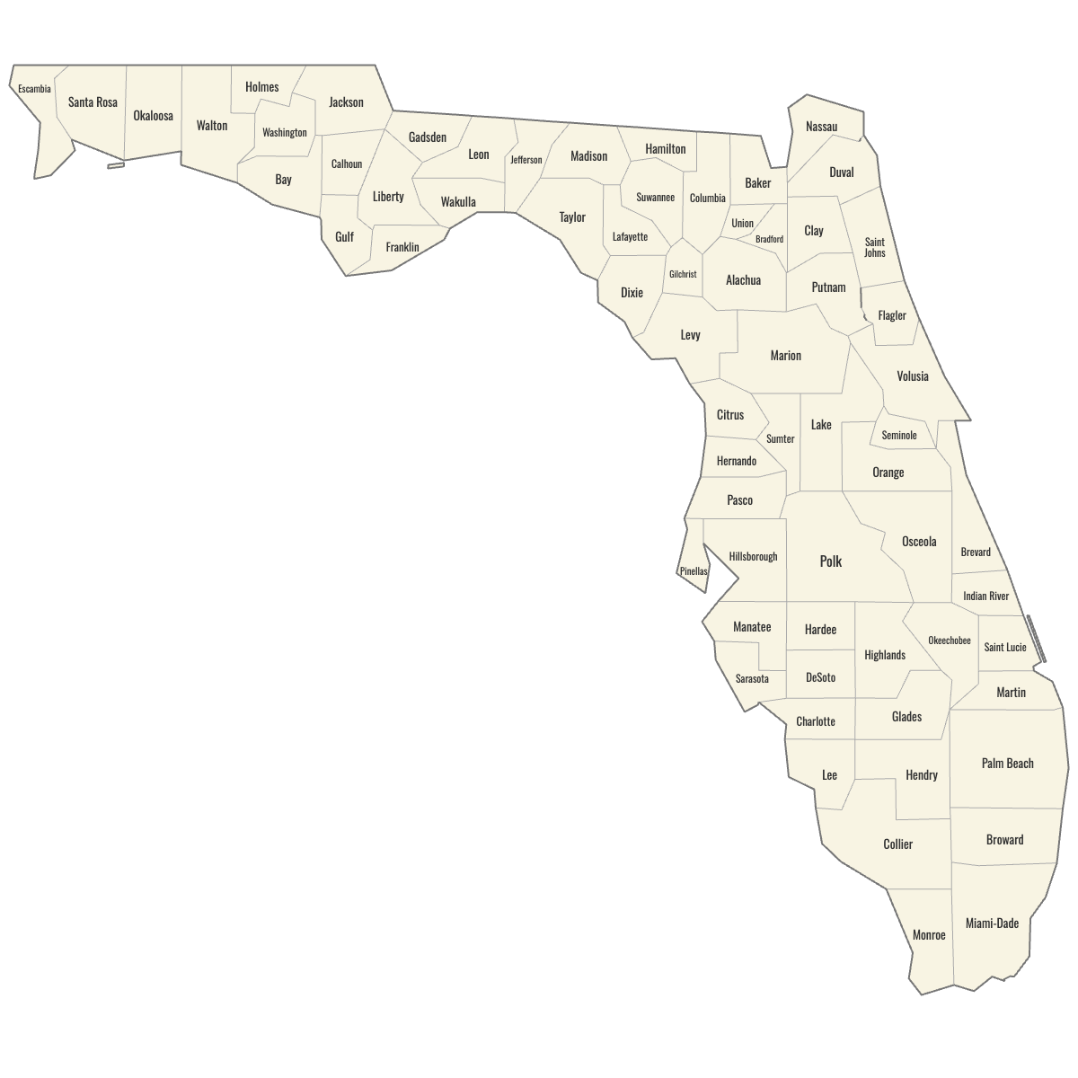 Blank Map of Florida Counties with Labels