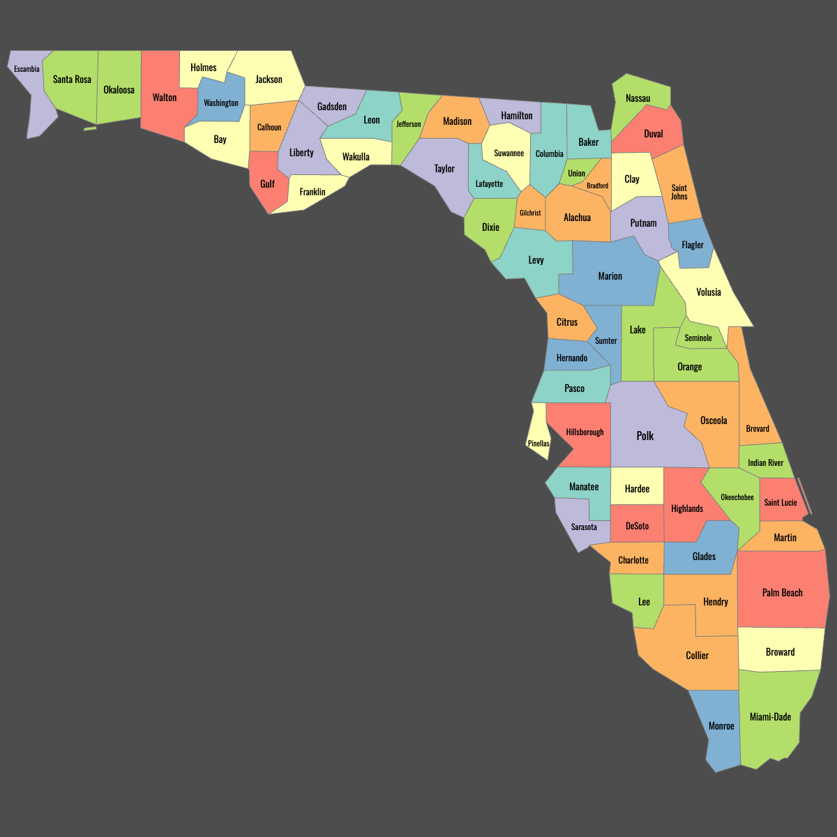 Colored Map of Florida Counties with Labels (Dark Theme)