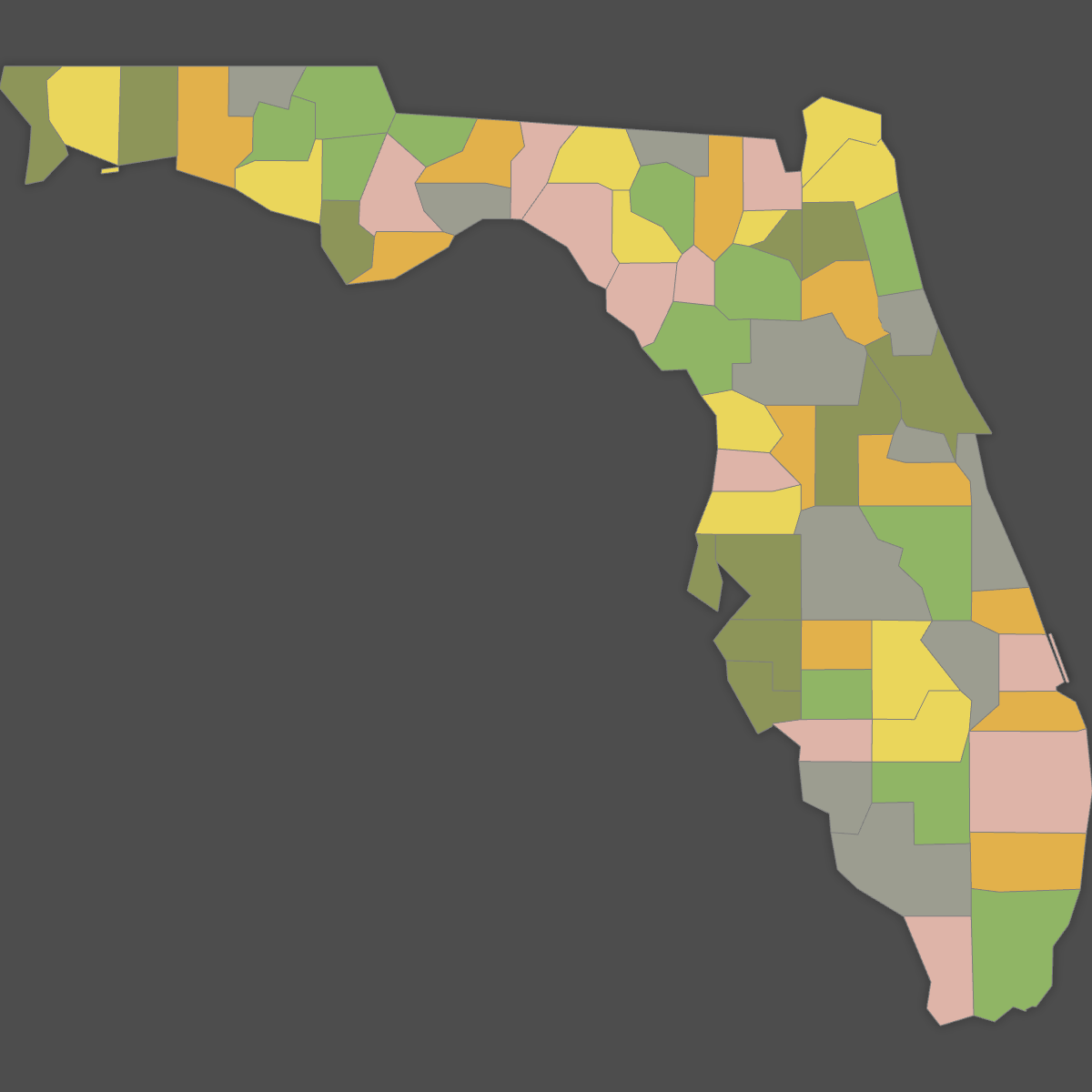 Colored Map of Florida Counties (Dark Theme)