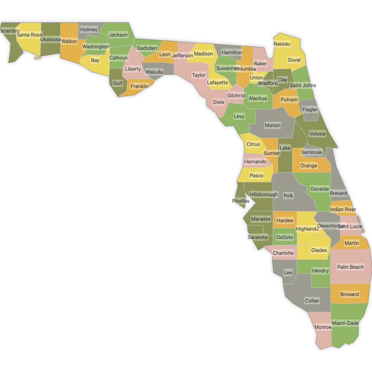 Colored Map of Florida Counties with Labels