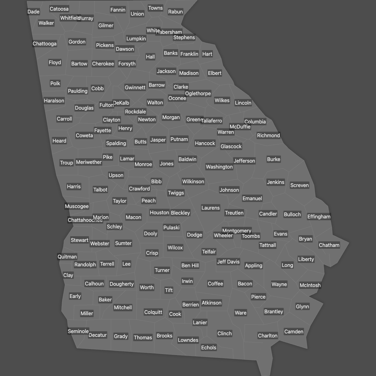 Blank Map of Georgia Counties with Labels (Dark Theme)