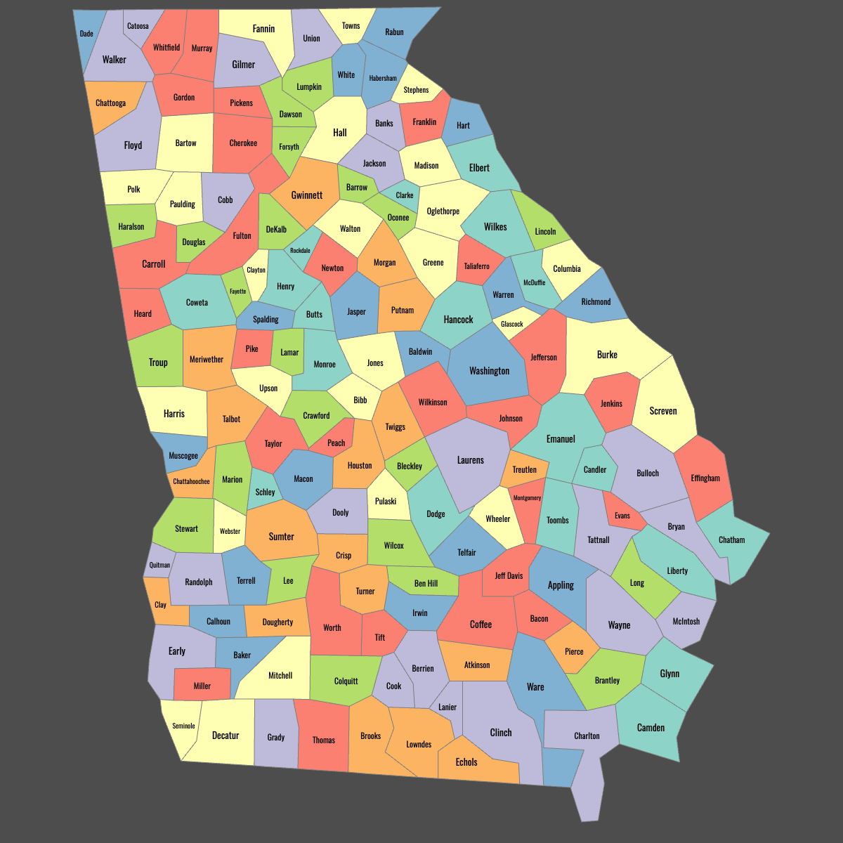 Colored Map of Georgia Counties with Labels (Dark Theme)