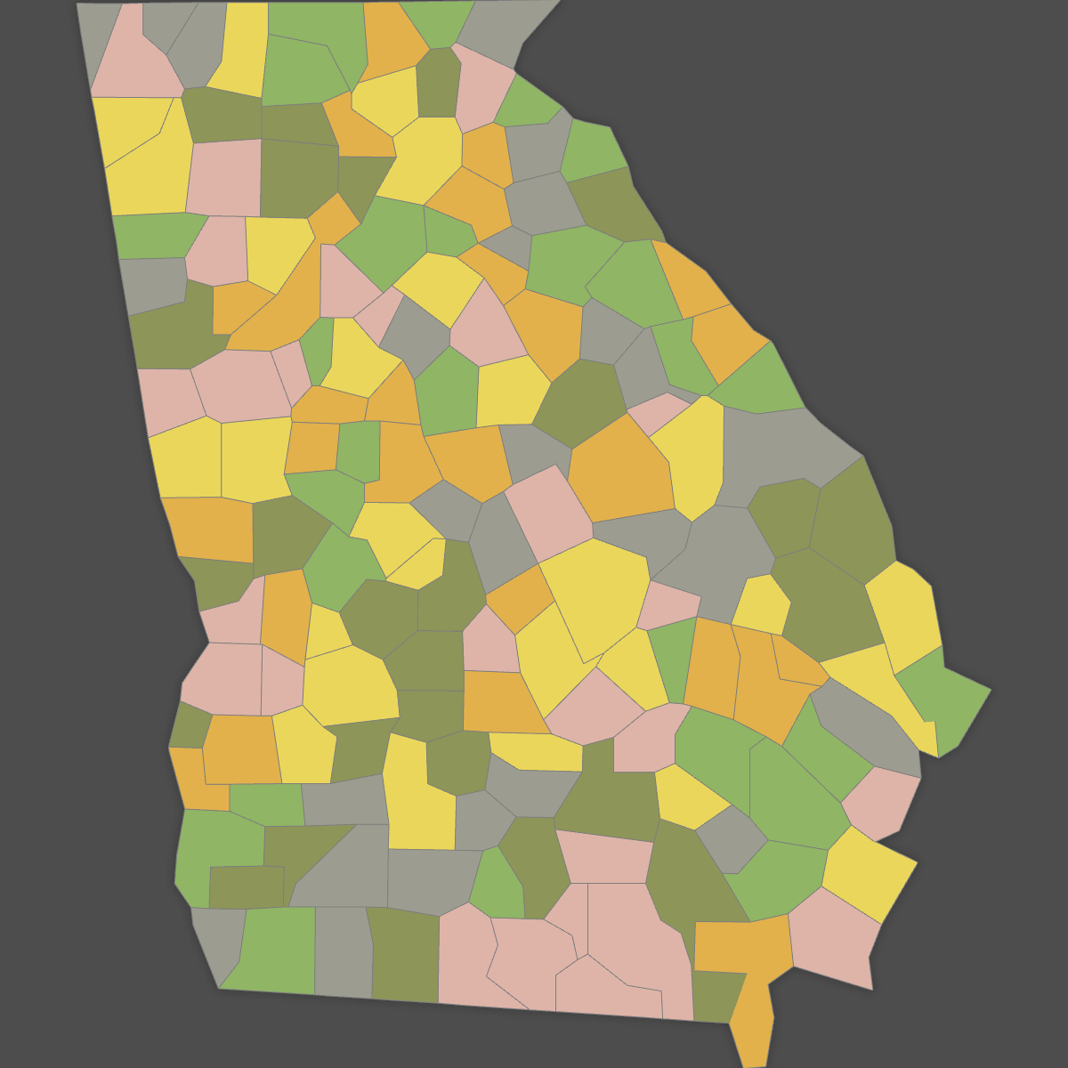 Colored Map of Georgia Counties (Dark Theme)