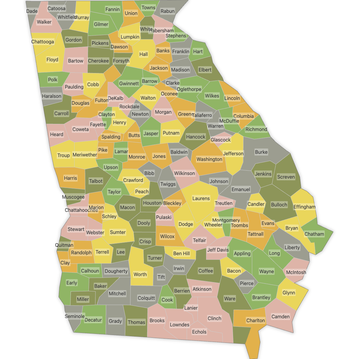 Colored Map of Georgia Counties with Labels