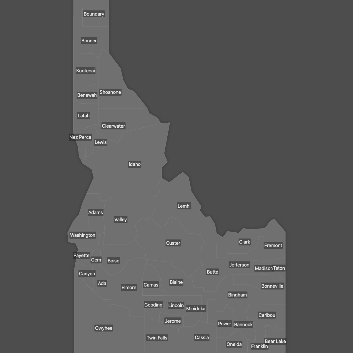 Blank Map of Idaho Counties with Labels (Dark Theme)