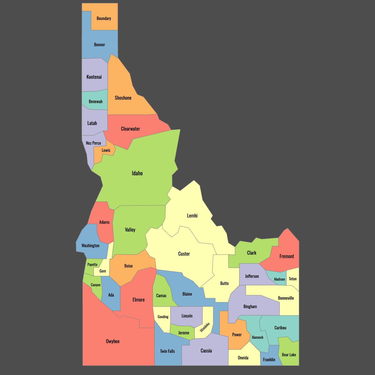 Colored Map of Idaho Counties with Labels (Dark Theme)