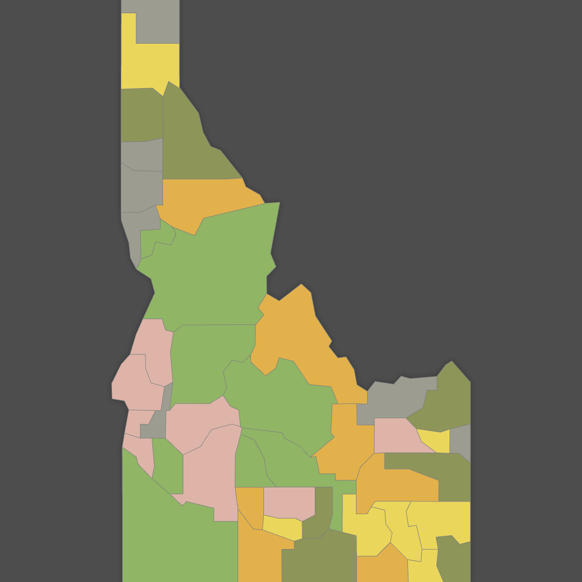 Colored Map of Idaho Counties (Dark Theme)