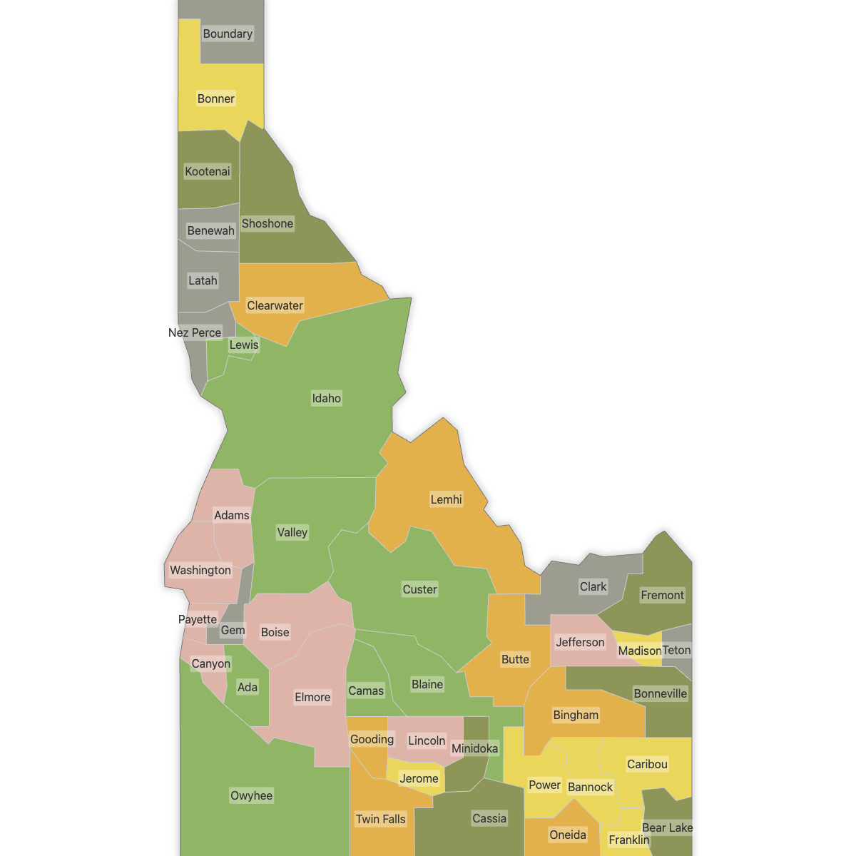 Colored Map of Idaho Counties with Labels