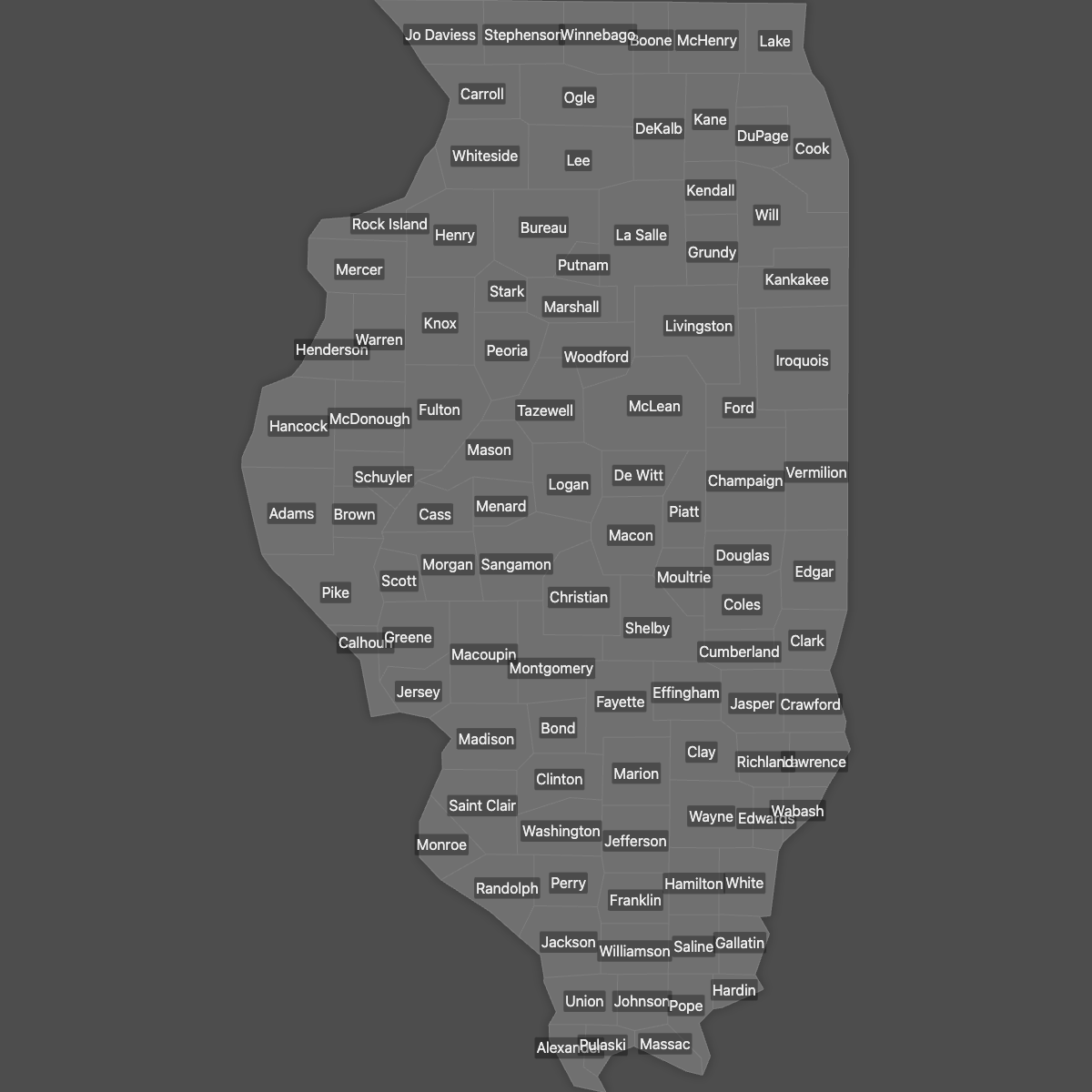 Blank Map of Illinois Counties with Labels (Dark Theme)