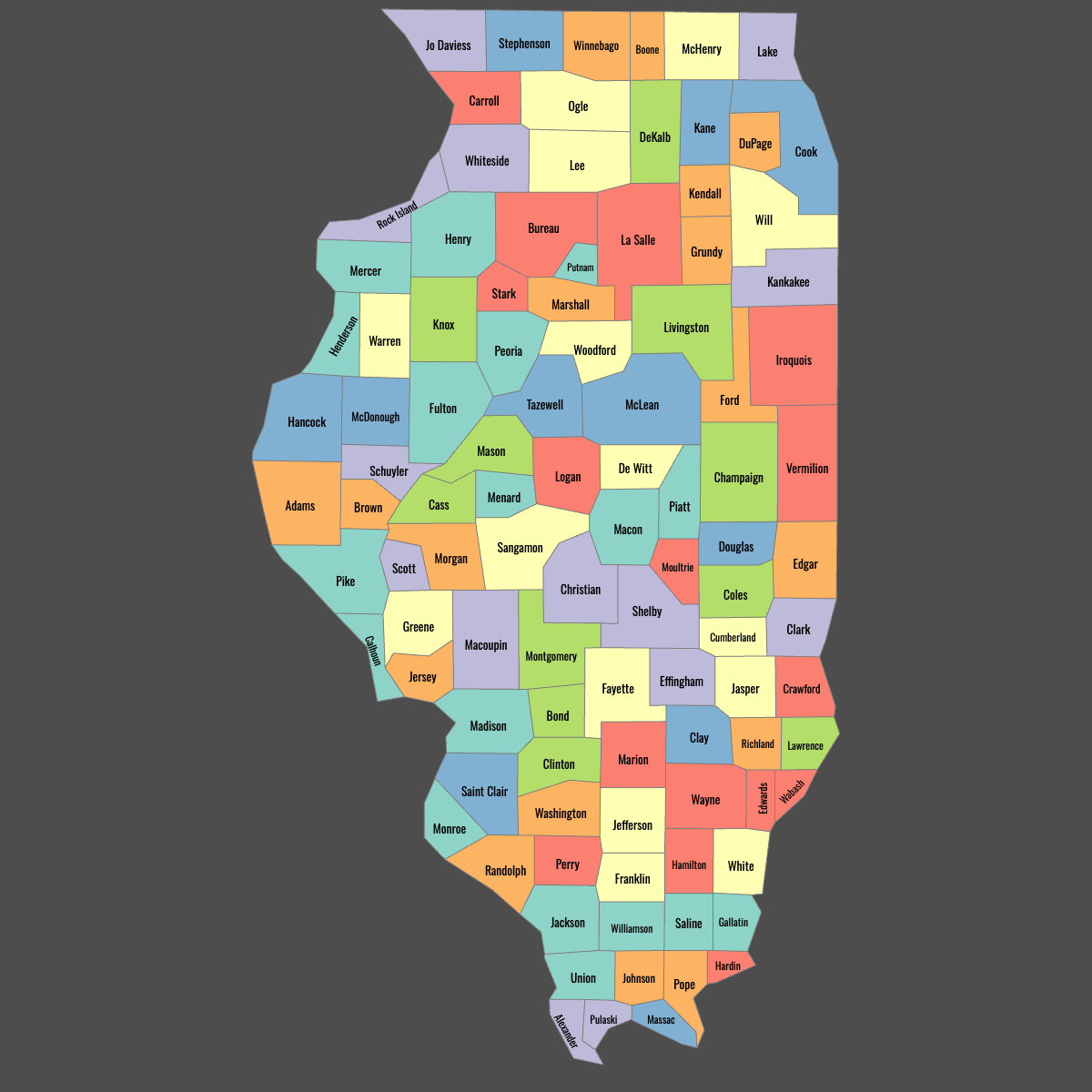 Colored Map of Illinois Counties with Labels (Dark Theme)