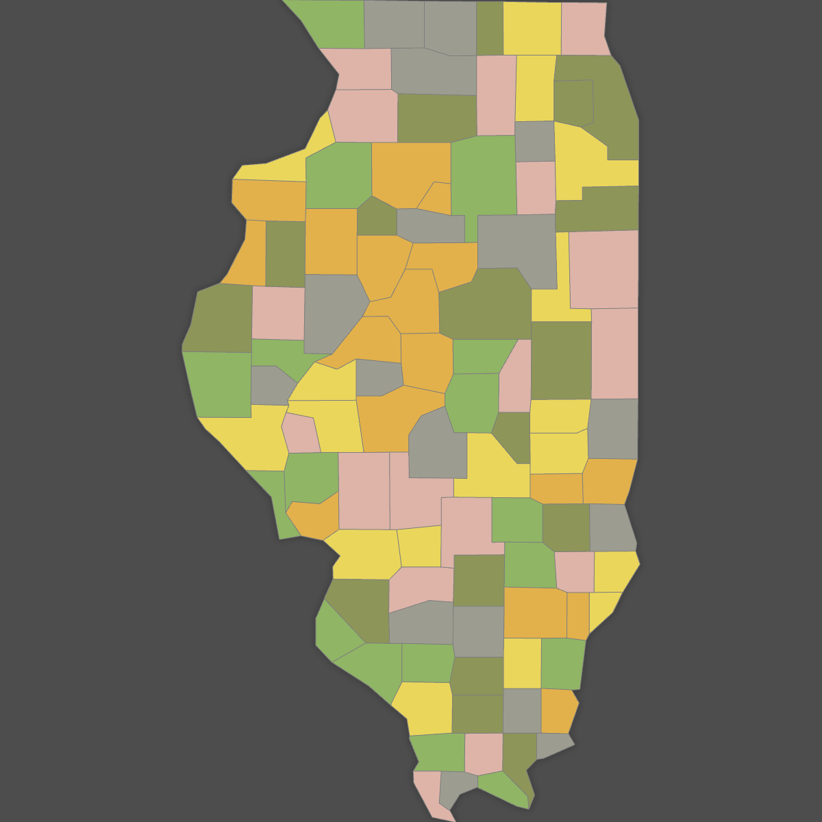 Colored Map of Illinois Counties (Dark Theme)