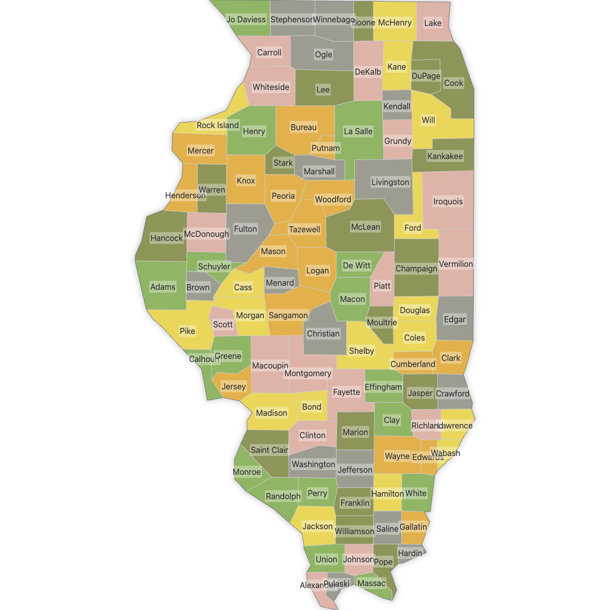 Colored Map of Illinois Counties with Labels