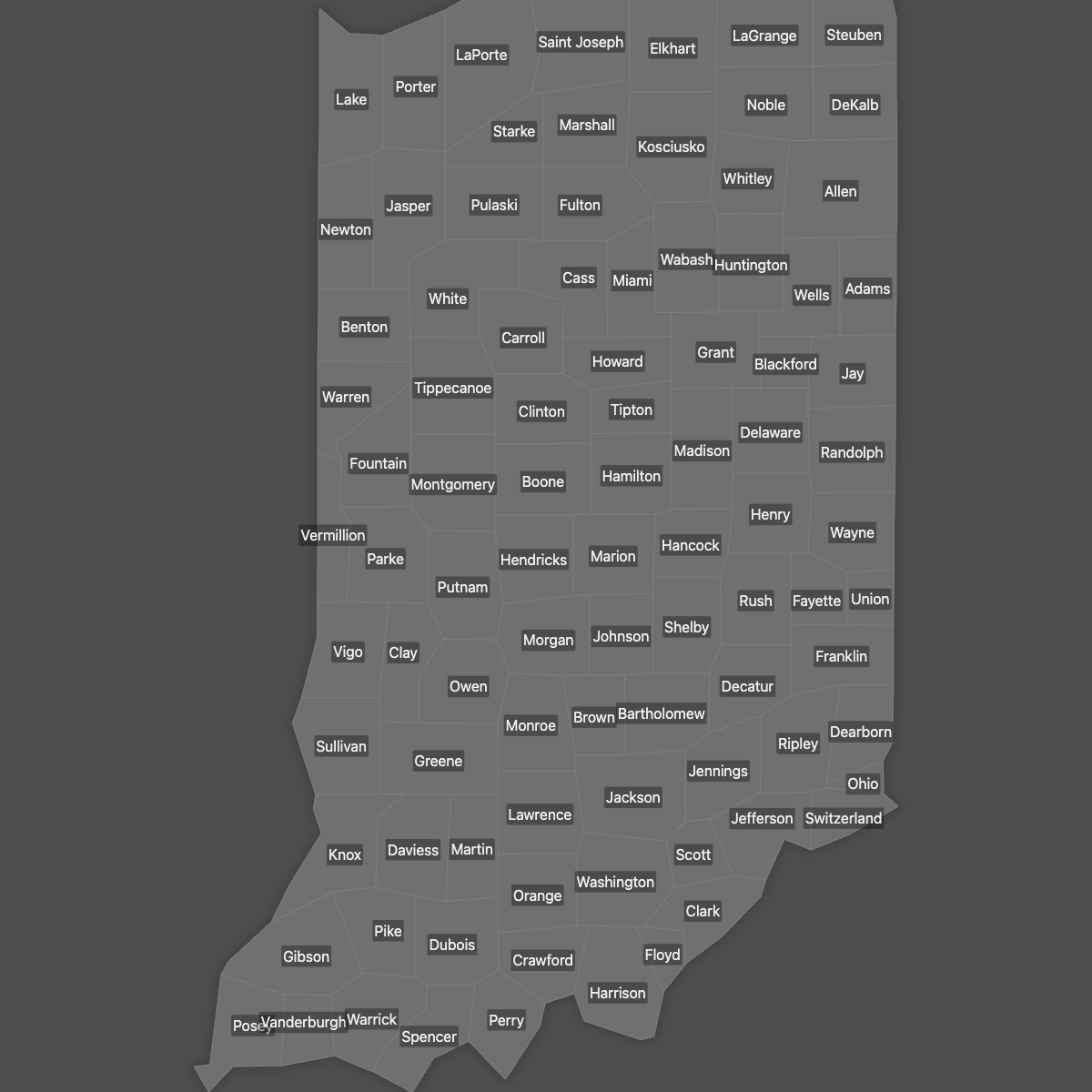 Blank Map of Indiana Counties with Labels (Dark Theme)