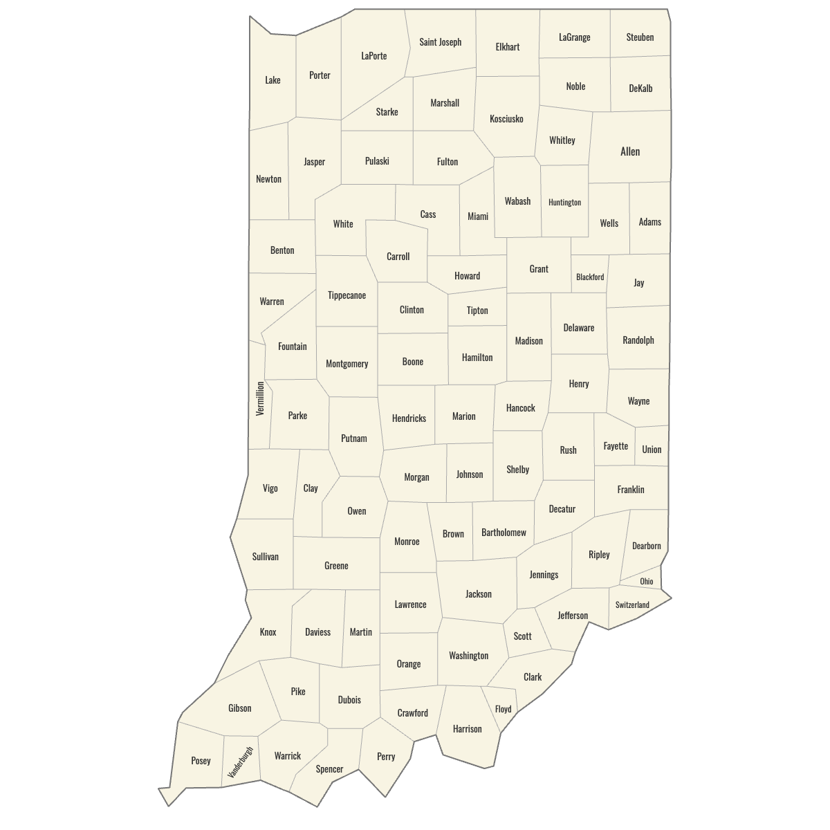 Blank Map of Indiana Counties with Labels