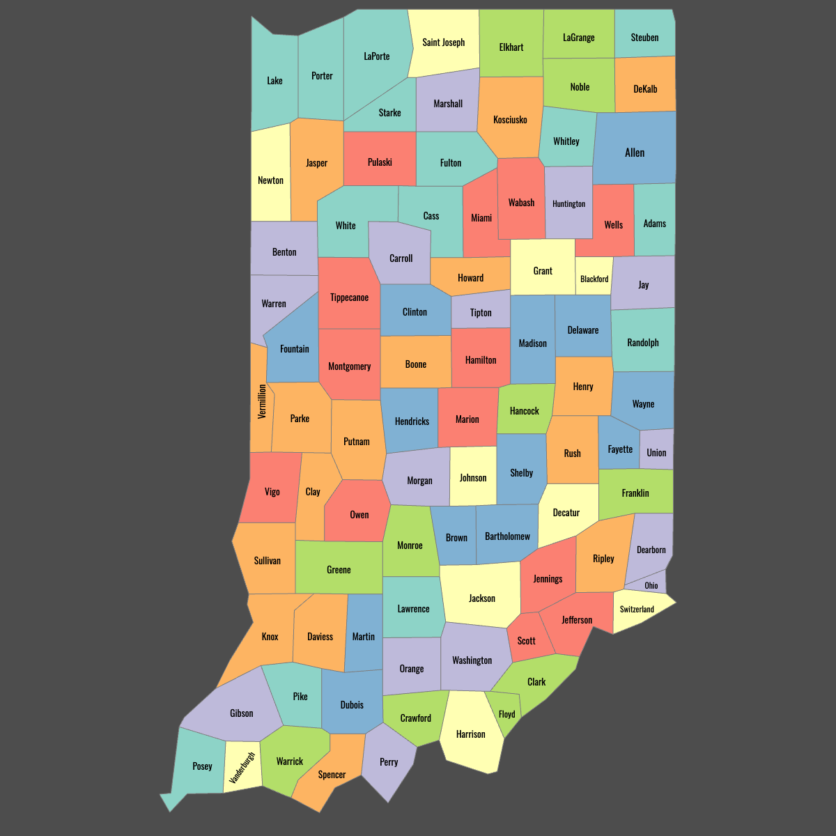 Colored Map of Indiana Counties with Labels (Dark Theme)