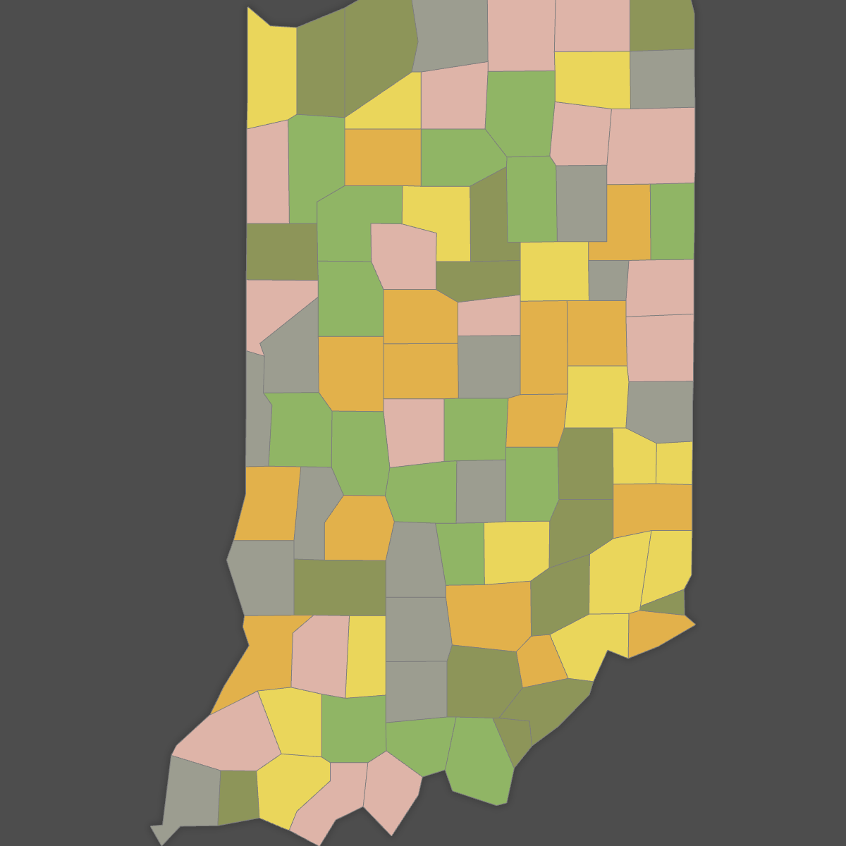 Colored Map of Indiana Counties (Dark Theme)