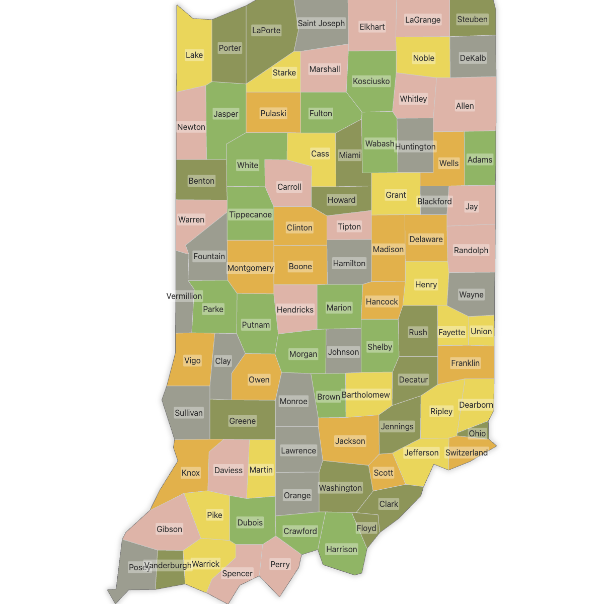 Colored Map of Indiana Counties with Labels