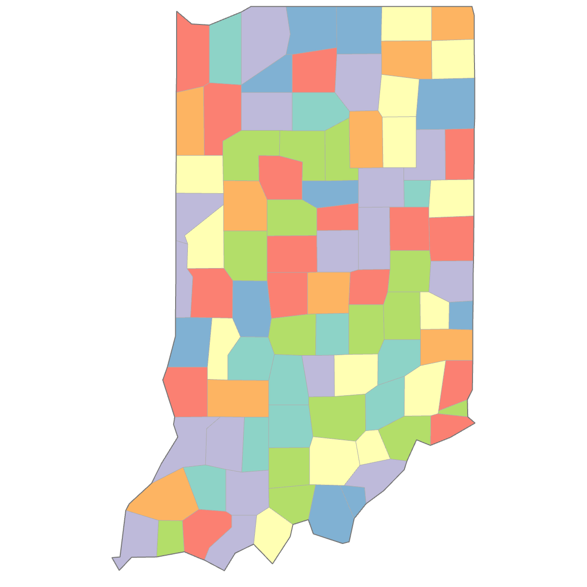 Colored Map of Indiana Counties