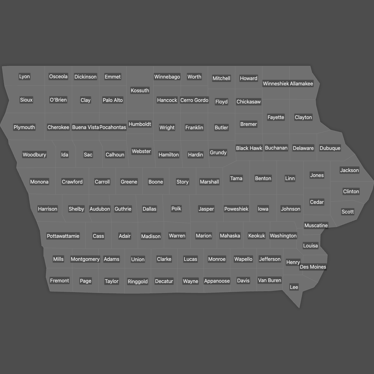 Blank Map of Iowa Counties with Labels (Dark Theme)