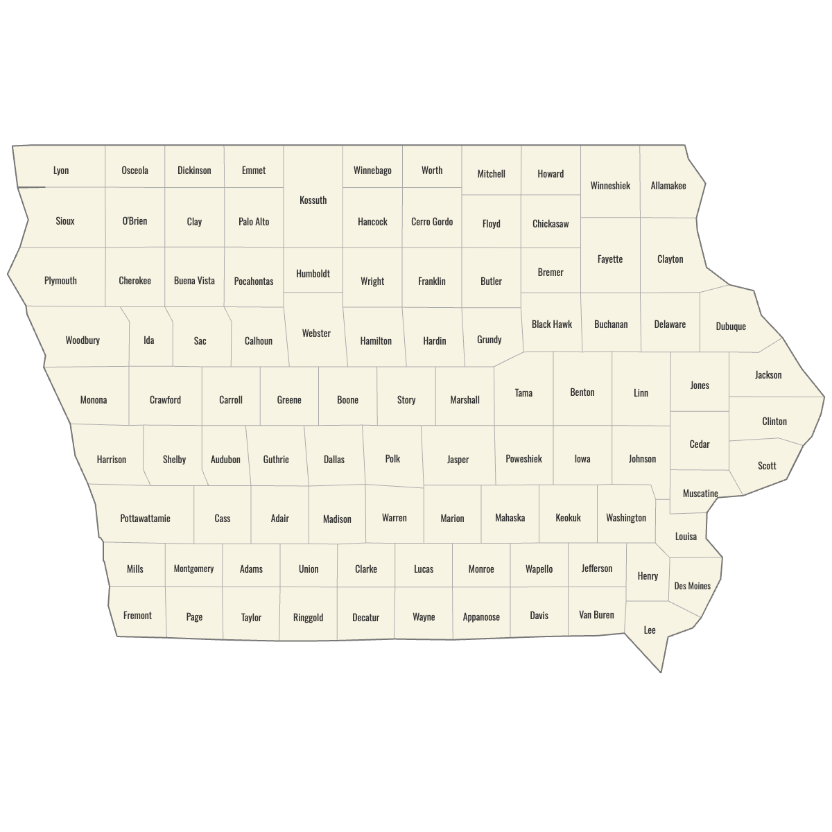 Blank Map of Iowa Counties with Labels